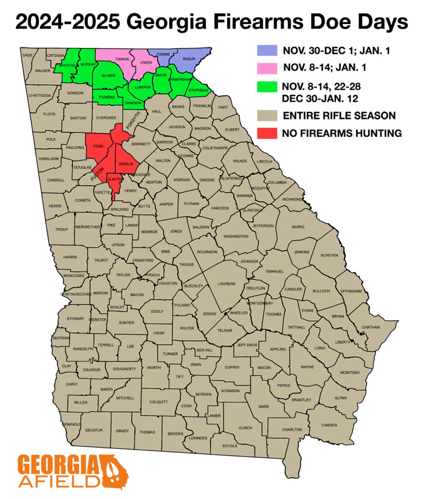 County map of Georgia highlighting doe days for each.