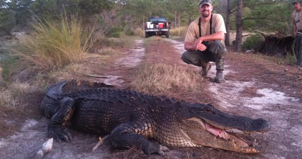 The author squatting behind a large alligator.