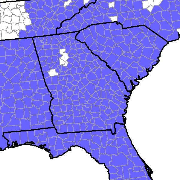 Range map of feral hogs in Georgia.