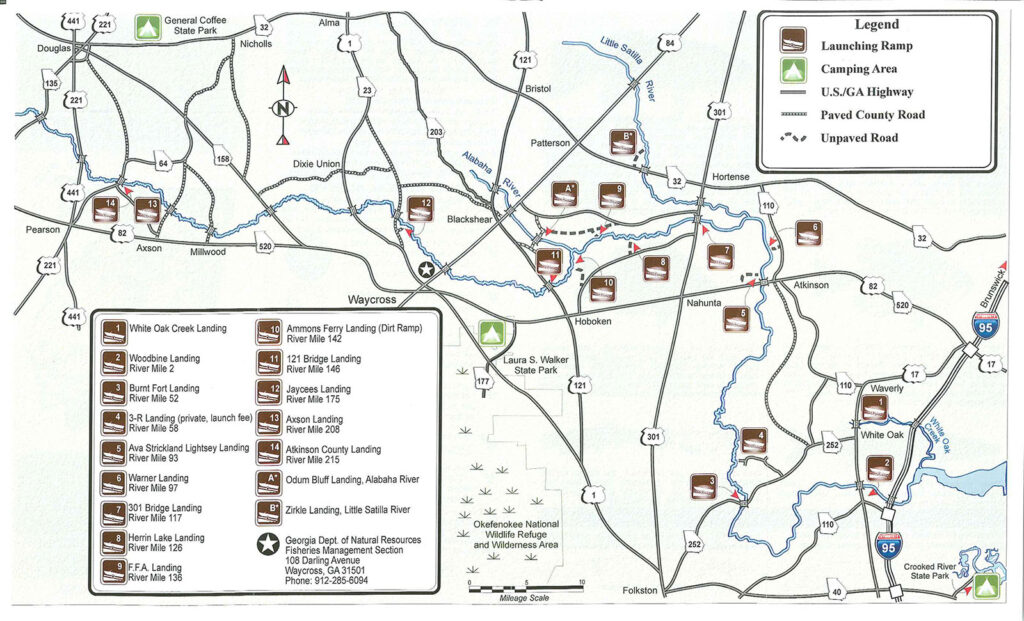 A map of various Satilla River access points.