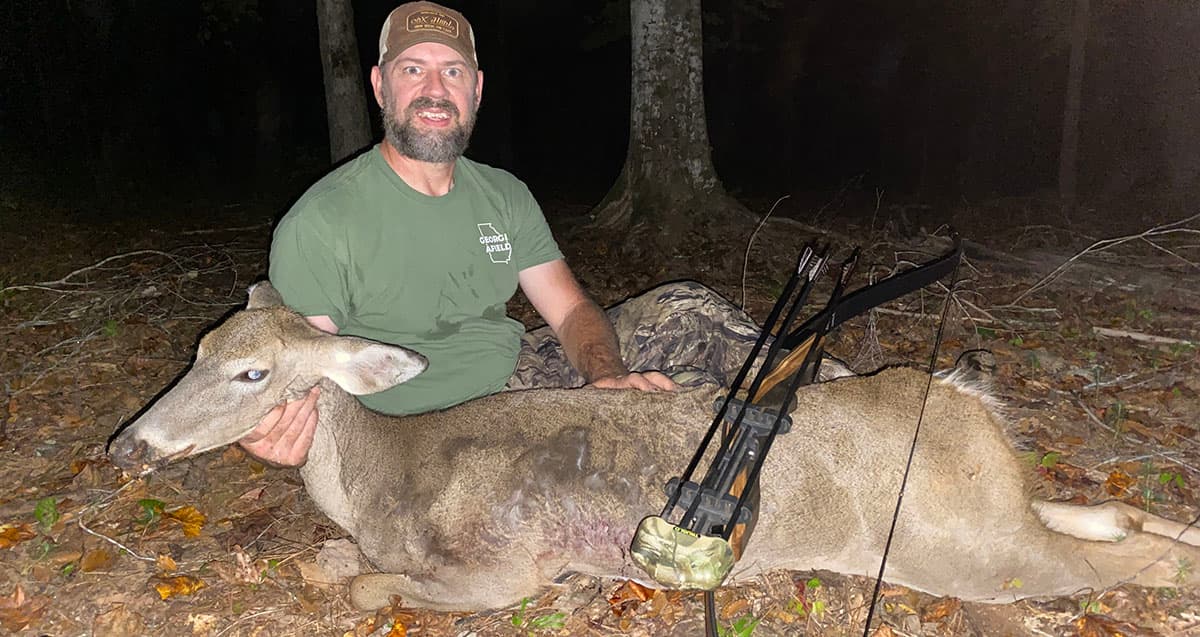 The author with the first deer he harvested using a Samick Sage recurve.