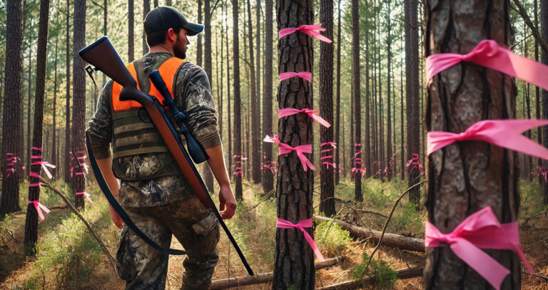 An AI image of a hunter that has used an excessive amount of survey tape to mark his area.