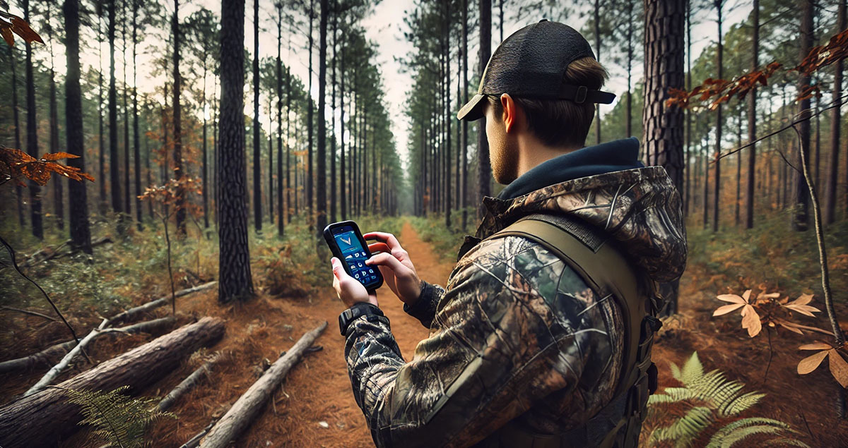 AI image of a hunter reporting a hunting violation on his phone.