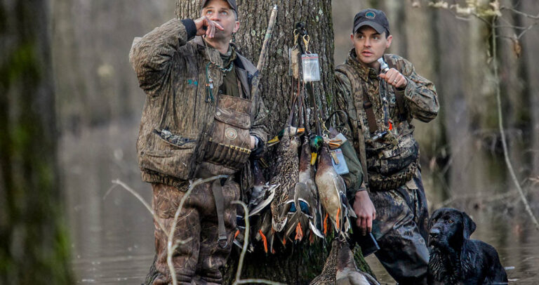 Two duck hunters in flooded timber.