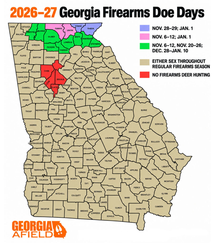 County level map of Georgia doe days for the 2026-2027 season.
