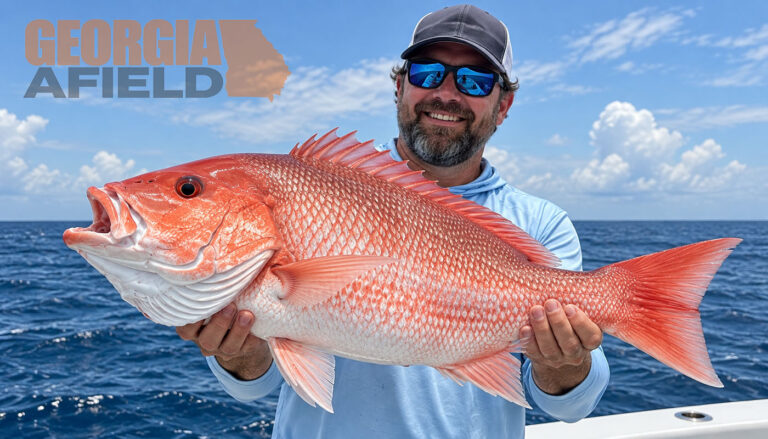 An angler holding a large red snapper fish.