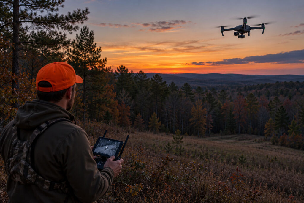 A hunter flying a drone to recover his deer.