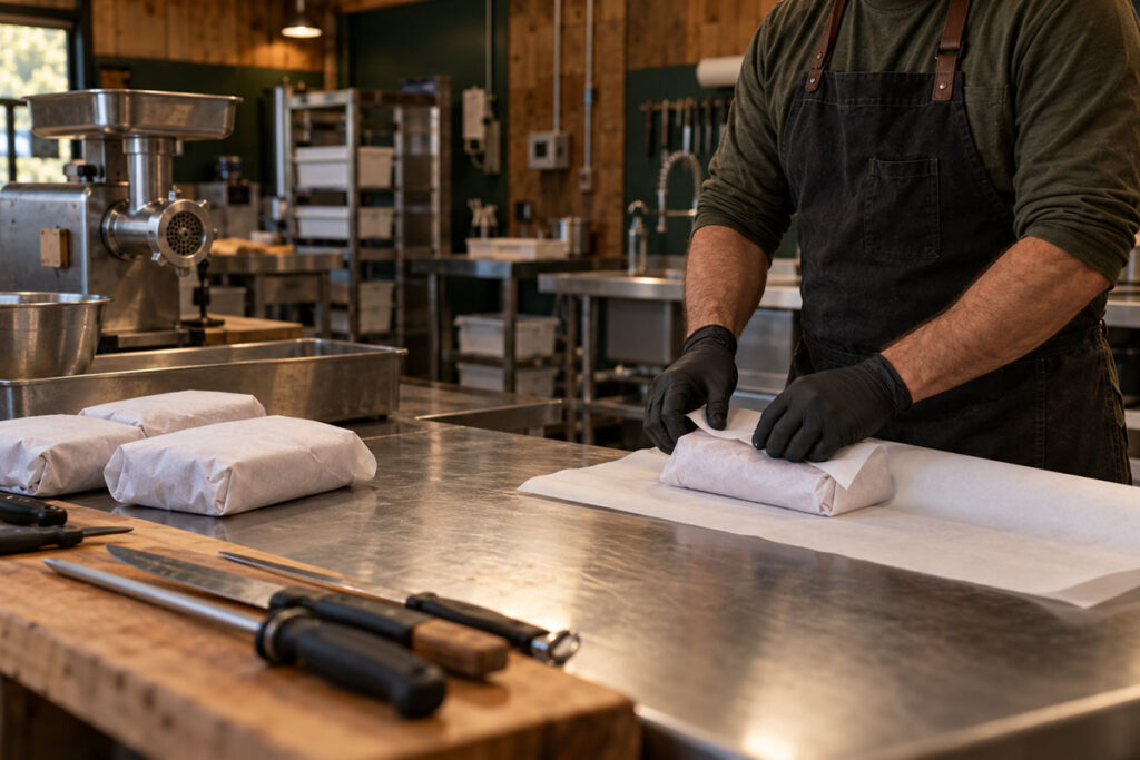 A hunter wrapping up processed venison.