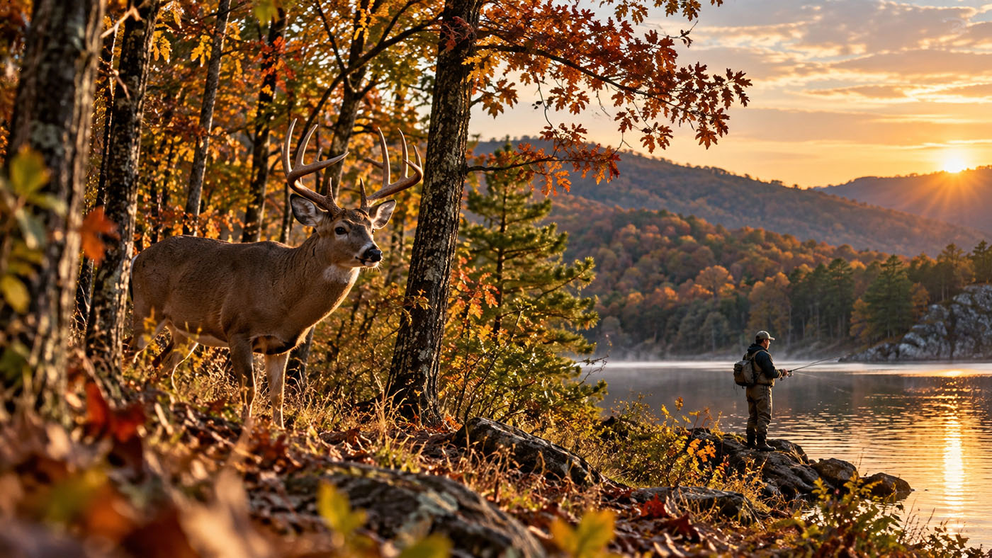 Whitetail buck slips down to a lake while an angler fishes from the bank.